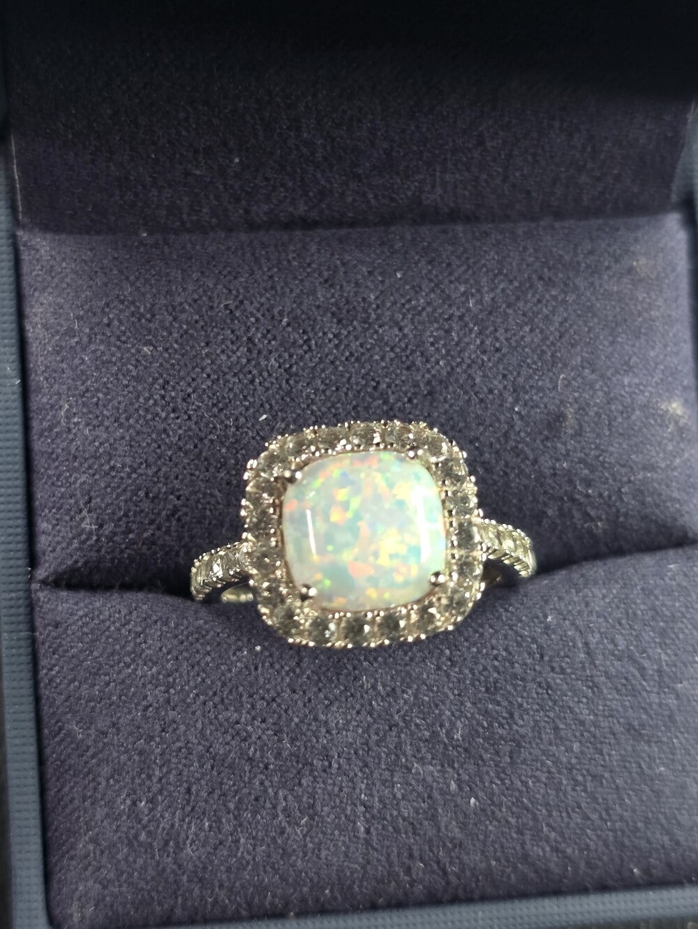Cushion Cut Lab Created Opal Halo Ring with White Opal Center - Women's Jewelry
